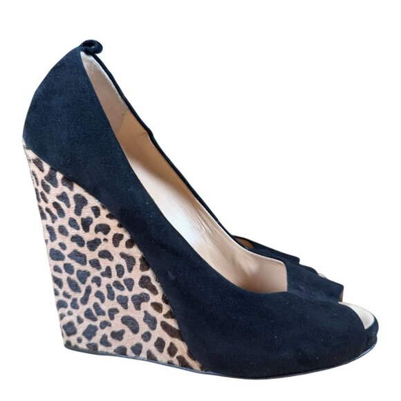 Giuseppe Zanotti Peep Toe Calf Hair Leopard Print Wedge Shoes Heels Size 39 - Picture 1 of 8